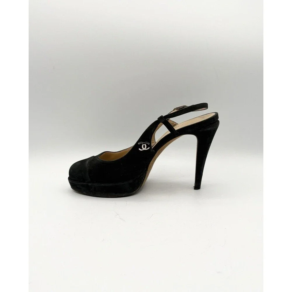 Chanel Black Suede Slingback Platform Cap Toe Heels Silver CC Logo Size EU 37.5